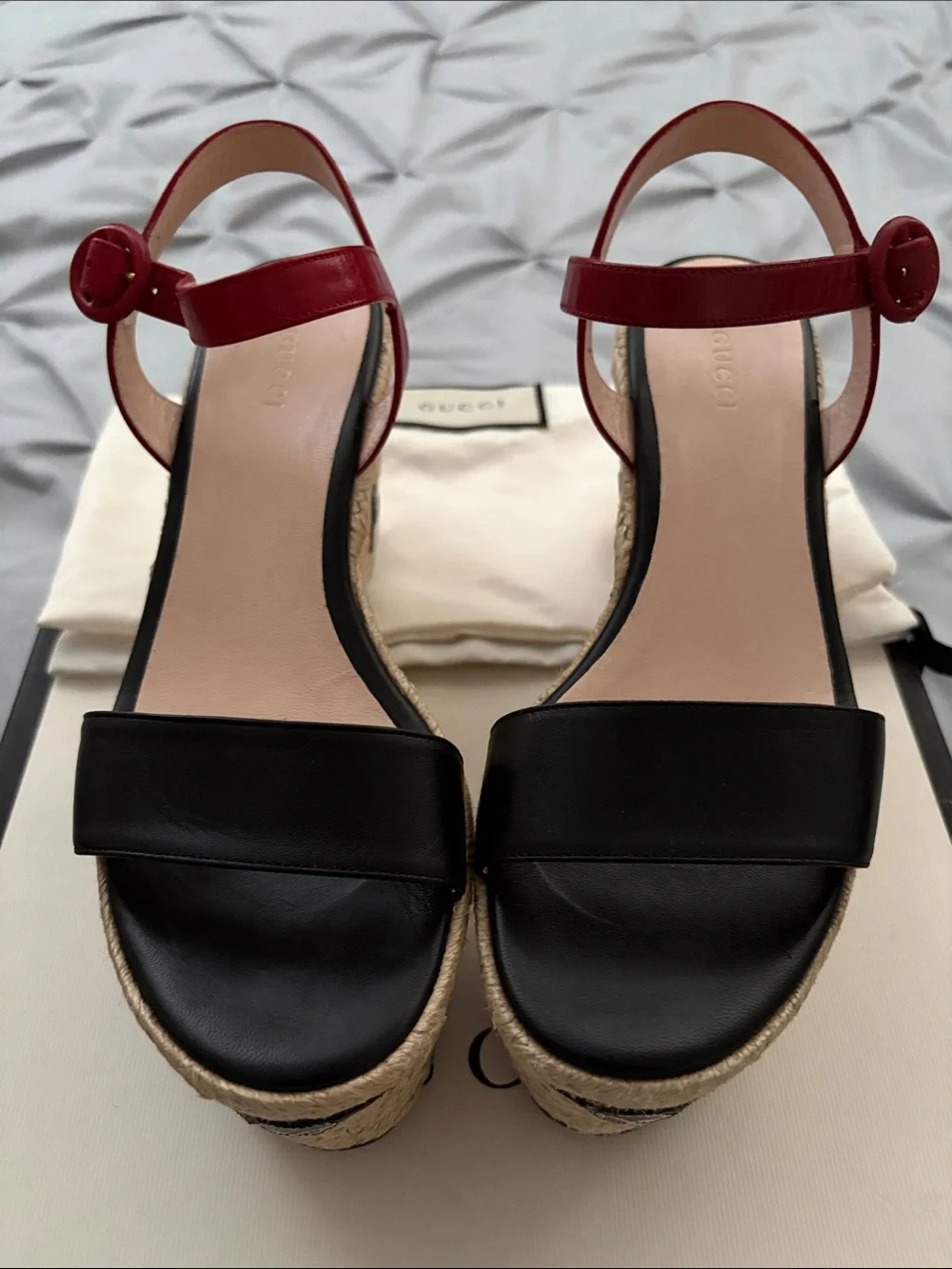 Gucci Black Leather Espadrille Sandals with Red Ankle Straps